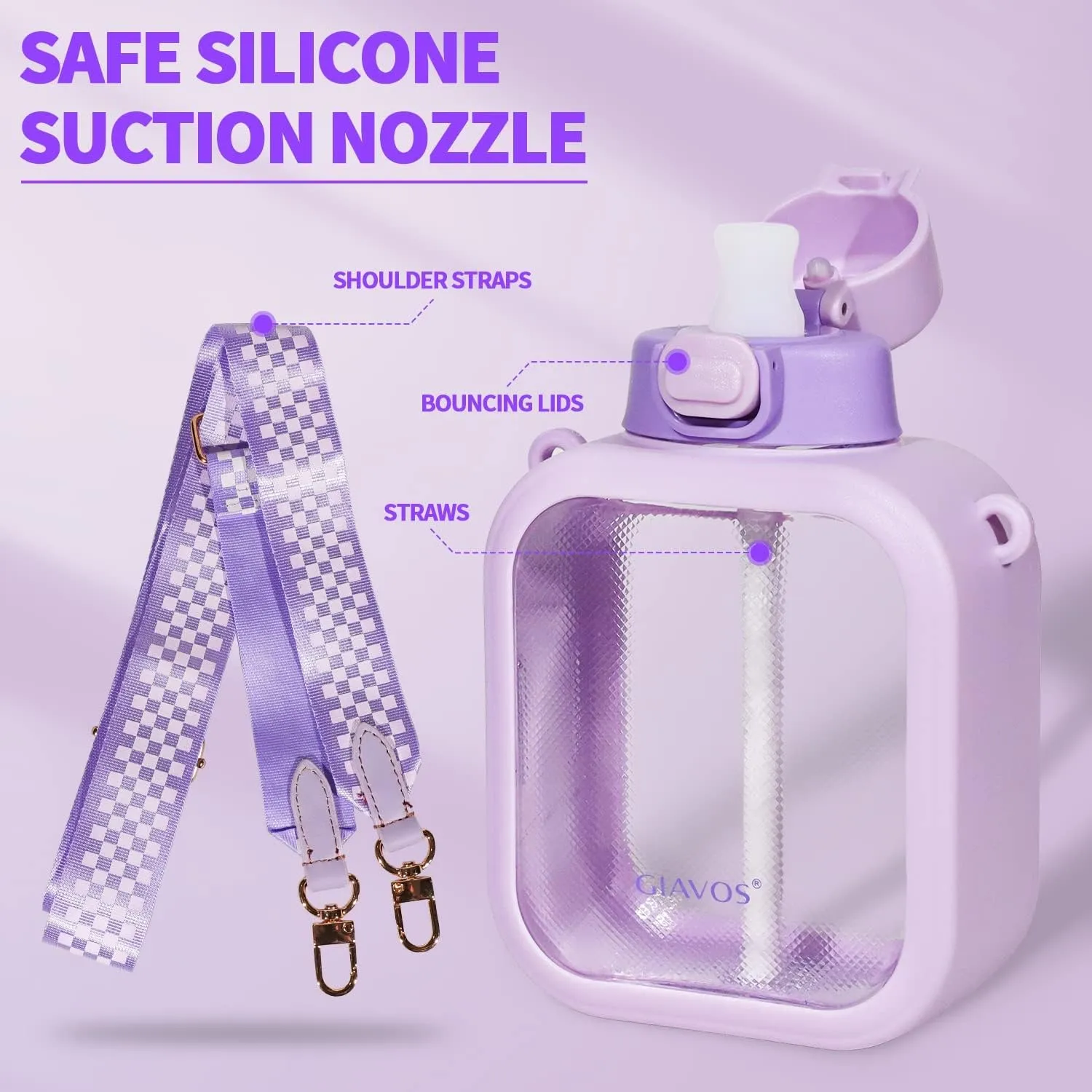LueWeiLIFE 24 Oz Cute Clear Water Bottle Cold Chil Icel with Straw Portable Kawaii Transparent Bottles with Adjustable Strap for School Travel Camping Sports Travel (D-Purple)