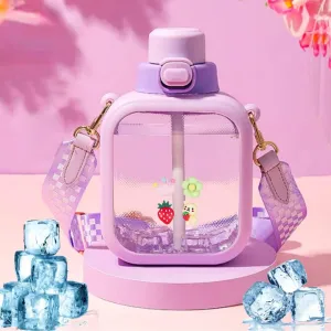 LueWeiLIFE 24 Oz Cute Clear Water Bottle Cold Chil Icel with Straw Portable Kawaii Transparent Bottles with Adjustable Strap for School Travel Camping Sports Travel (D-Purple)
