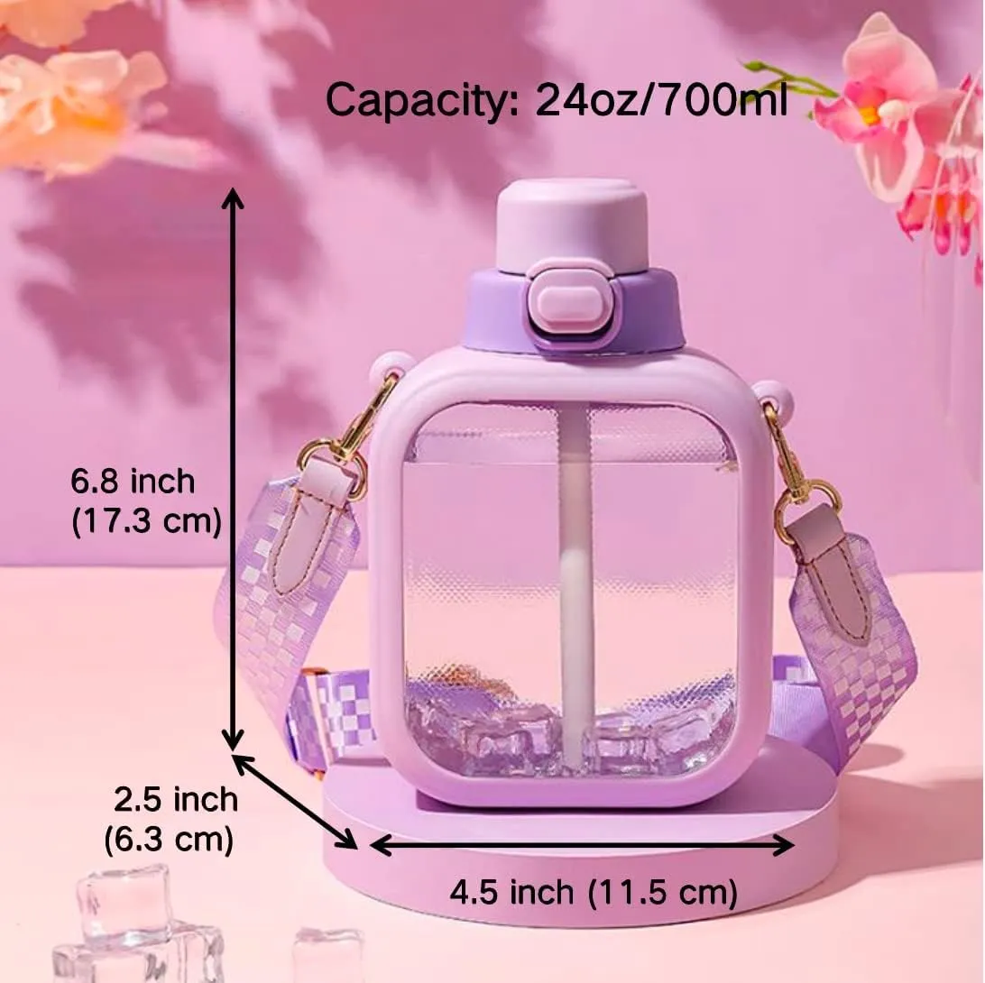 LueWeiLIFE 24 Oz Cute Clear Water Bottle Cold Chil Icel with Straw Portable Kawaii Transparent Bottles with Adjustable Strap for School Travel Camping Sports Travel (D-Purple)