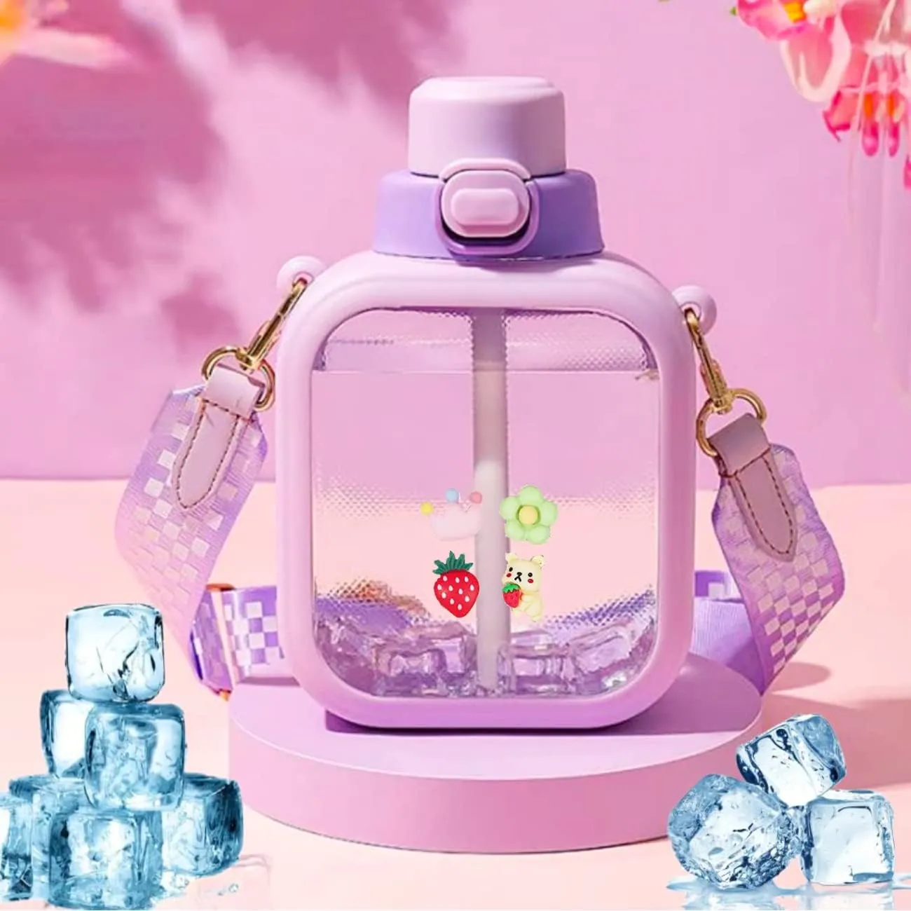LueWeiLIFE 24 Oz Cute Clear Water Bottle Cold Chil Icel with Straw Portable Kawaii Transparent Bottles with Adjustable Strap for School Travel Camping Sports Travel (D-Purple)