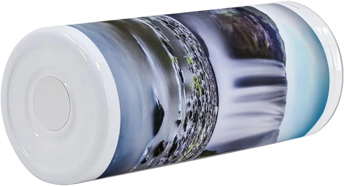 Lunarable Waterfall 12 Oz Skinny Tumbler, Skogafoss Waterfall in Iceland Rocky River and Highlands in Evening, Vacuum Insulated Travel Canteen Cup Leakproof for Travel Picnic, Blue Green Dark Brown