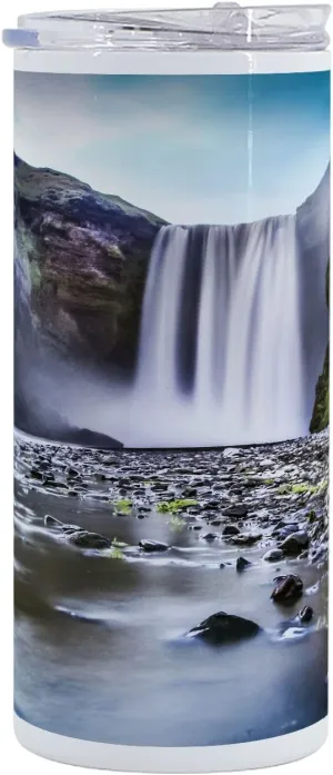 Lunarable Waterfall 12 Oz Skinny Tumbler, Skogafoss Waterfall in Iceland Rocky River and Highlands in Evening, Vacuum Insulated Travel Canteen Cup Leakproof for Travel Picnic, Blue Green Dark Brown