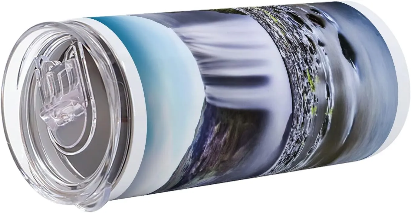 Lunarable Waterfall 12 Oz Skinny Tumbler, Skogafoss Waterfall in Iceland Rocky River and Highlands in Evening, Vacuum Insulated Travel Canteen Cup Leakproof for Travel Picnic, Blue Green Dark Brown