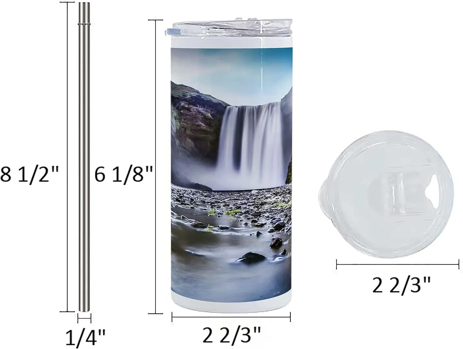 Lunarable Waterfall 12 Oz Skinny Tumbler, Skogafoss Waterfall in Iceland Rocky River and Highlands in Evening, Vacuum Insulated Travel Canteen Cup Leakproof for Travel Picnic, Blue Green Dark Brown