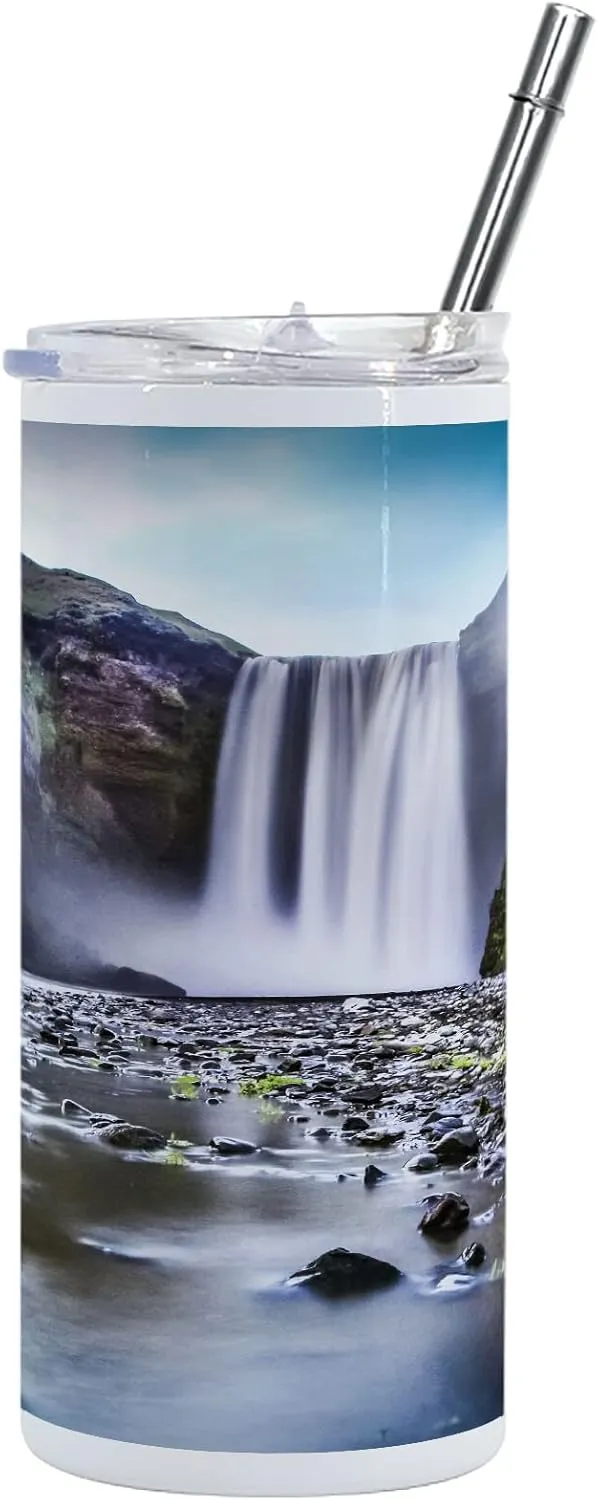Lunarable Waterfall 12 Oz Skinny Tumbler, Skogafoss Waterfall in Iceland Rocky River and Highlands in Evening, Vacuum Insulated Travel Canteen Cup Leakproof for Travel Picnic, Blue Green Dark Brown