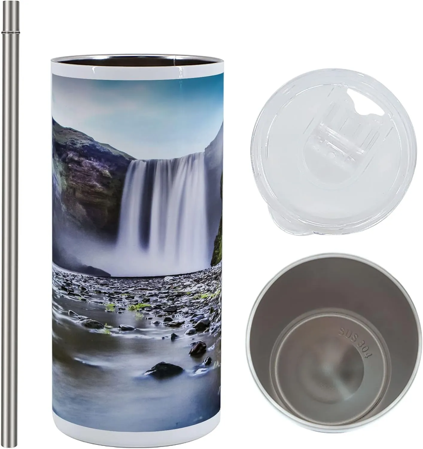 Lunarable Waterfall 12 Oz Skinny Tumbler, Skogafoss Waterfall in Iceland Rocky River and Highlands in Evening, Vacuum Insulated Travel Canteen Cup Leakproof for Travel Picnic, Blue Green Dark Brown
