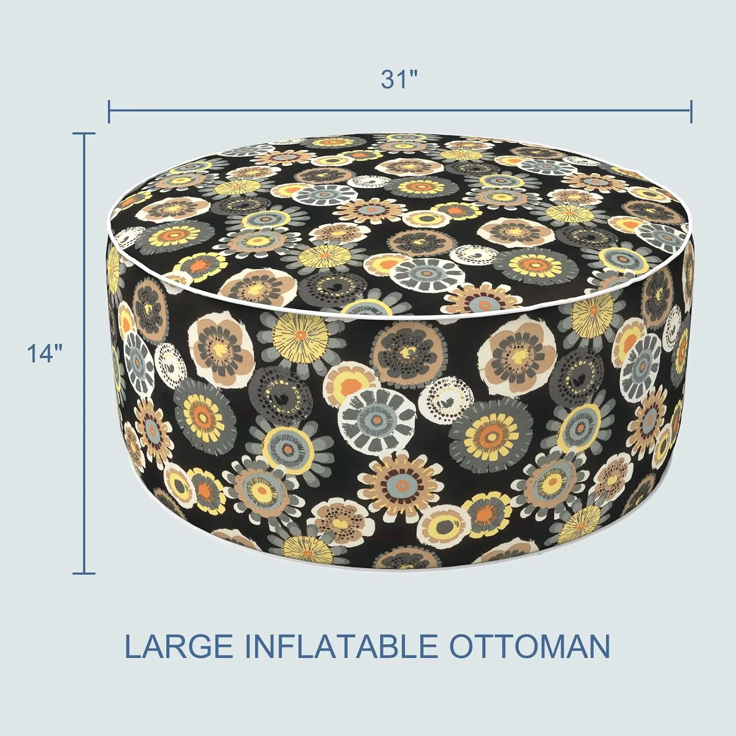 LVTXIII Indoor/Outdoor Inflatable Ottoman, D31 x H14 Inch Large Round Ottoman, All Weather Foot Rest Stool, Portable Footrest for Patio, Garden, Camping and Home - Black Yellow Crosby