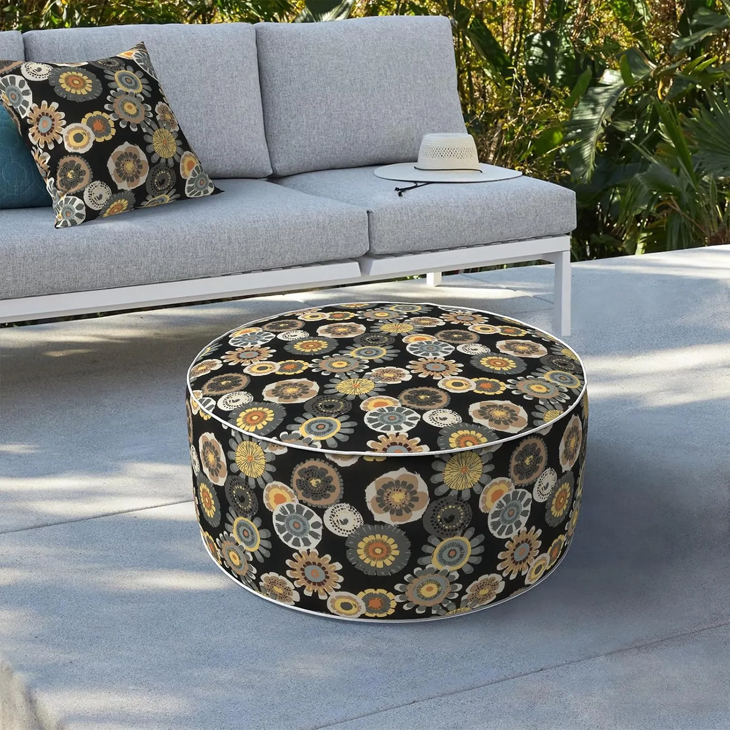 LVTXIII Indoor/Outdoor Inflatable Ottoman, D31 x H14 Inch Large Round Ottoman, All Weather Foot Rest Stool, Portable Footrest for Patio, Garden, Camping and Home - Black Yellow Crosby