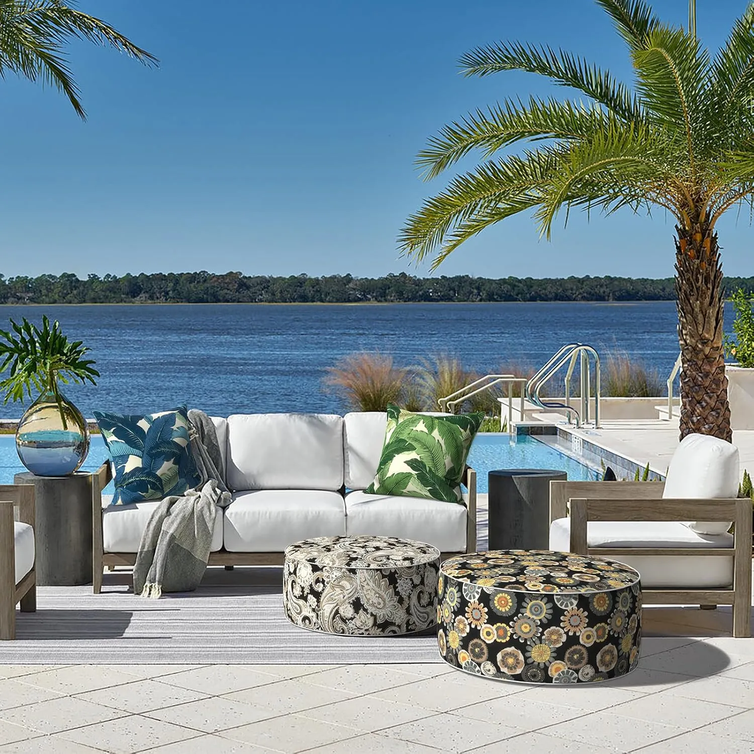 LVTXIII Indoor/Outdoor Inflatable Ottoman, D31 x H14 Inch Large Round Ottoman, All Weather Foot Rest Stool, Portable Footrest for Patio, Garden, Camping and Home - Black Yellow Crosby