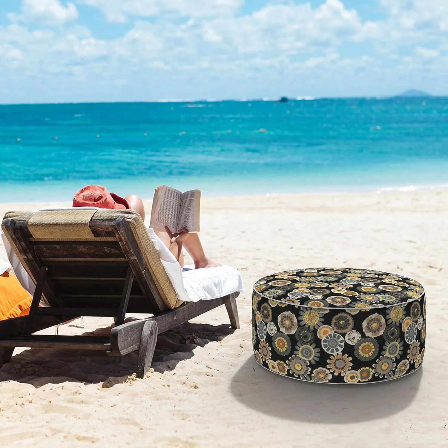 LVTXIII Indoor/Outdoor Inflatable Ottoman, D31 x H14 Inch Large Round Ottoman, All Weather Foot Rest Stool, Portable Footrest for Patio, Garden, Camping and Home - Black Yellow Crosby