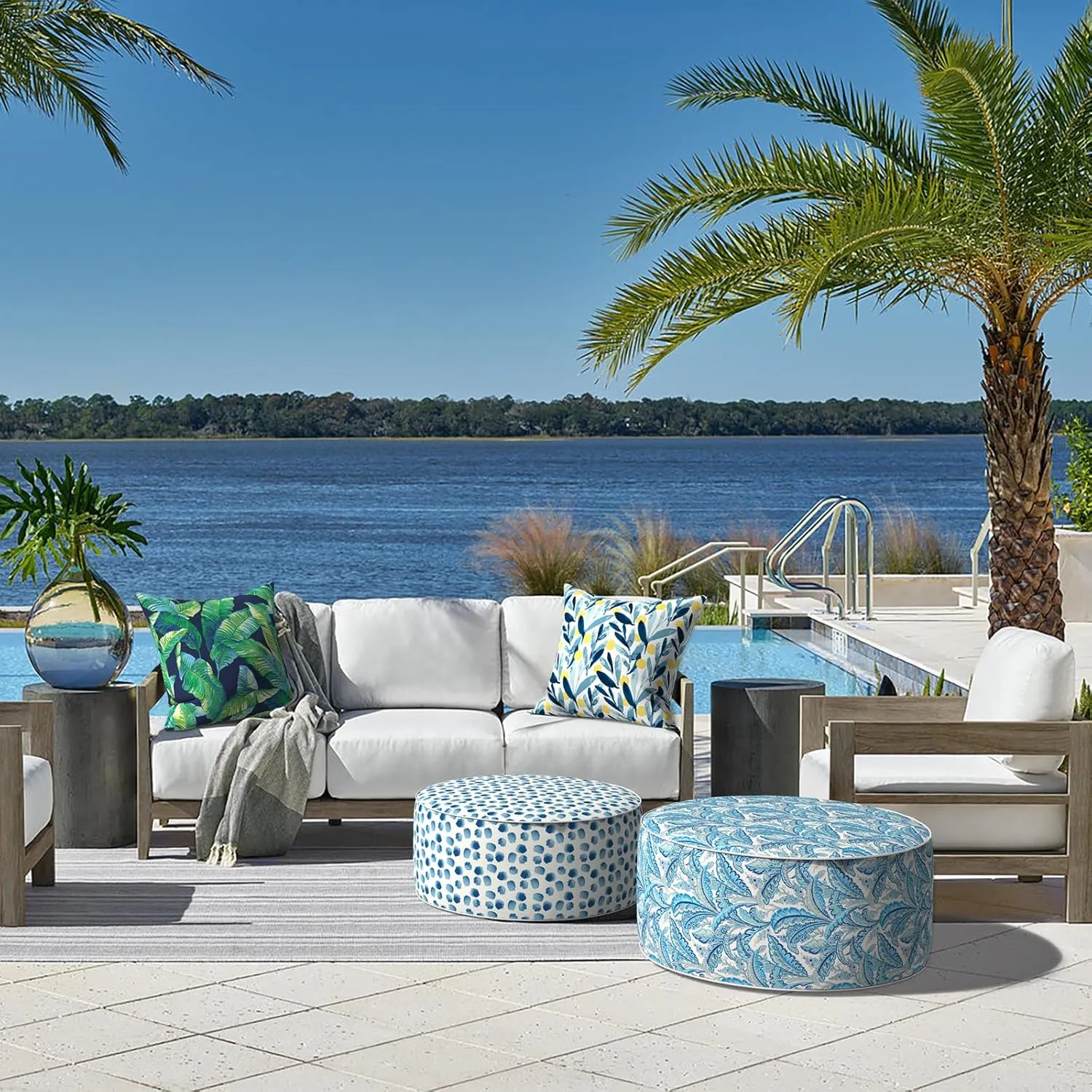 LVTXIII Inflatable Stool Ottoman Footrest with Handle, All Weather Foot Rest, Indoor or Outdoor Use for Home Patio Garden and Camping, D21 x H9, Brush Blue