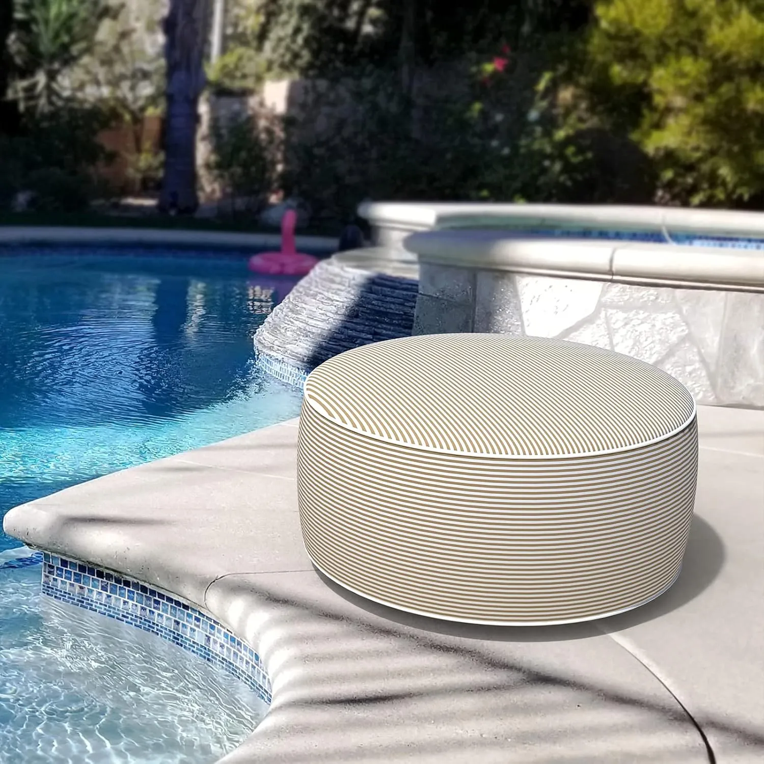 LVTXIII Inflatable Stool Ottoman Footrest with Handle, All Weather Foot Rest, Indoor or Outdoor Use for Home Patio Garden and Camping, D21 x H9, Stripe Beige