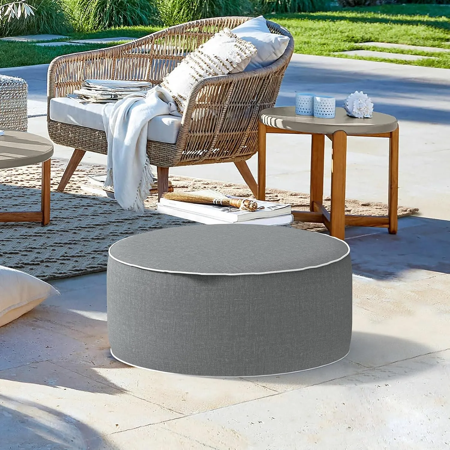 LVTXIII Outdoor/Indoor Inflatable Ottoman, 21"x21"x9" Patio Footrest Stool, Portable Round Pouf Ottoman for Patio Garden, Camping or Home Decoration, Grey Textured