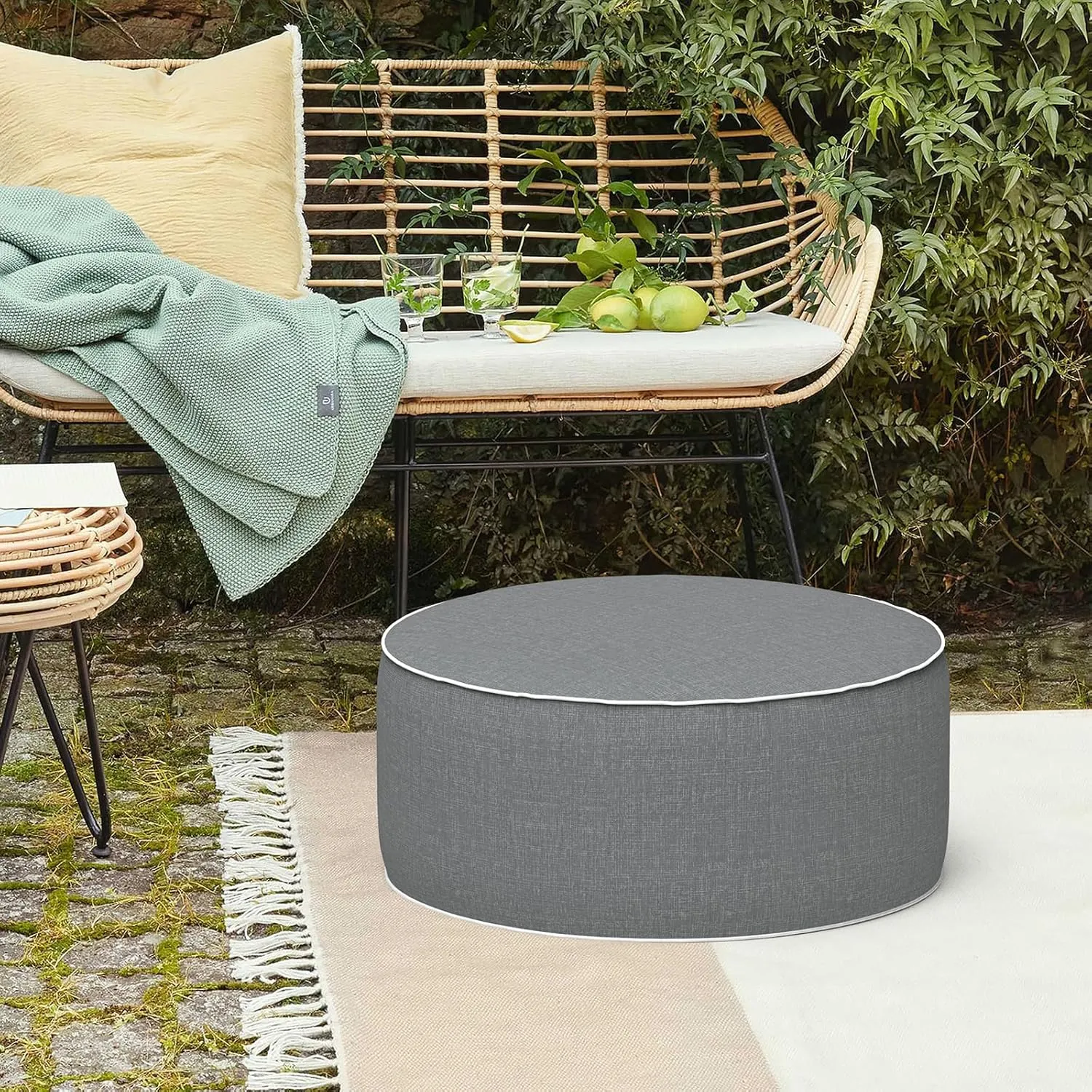 LVTXIII Outdoor/Indoor Inflatable Ottoman, 21"x21"x9" Patio Footrest Stool, Portable Round Pouf Ottoman for Patio Garden, Camping or Home Decoration, Grey Textured