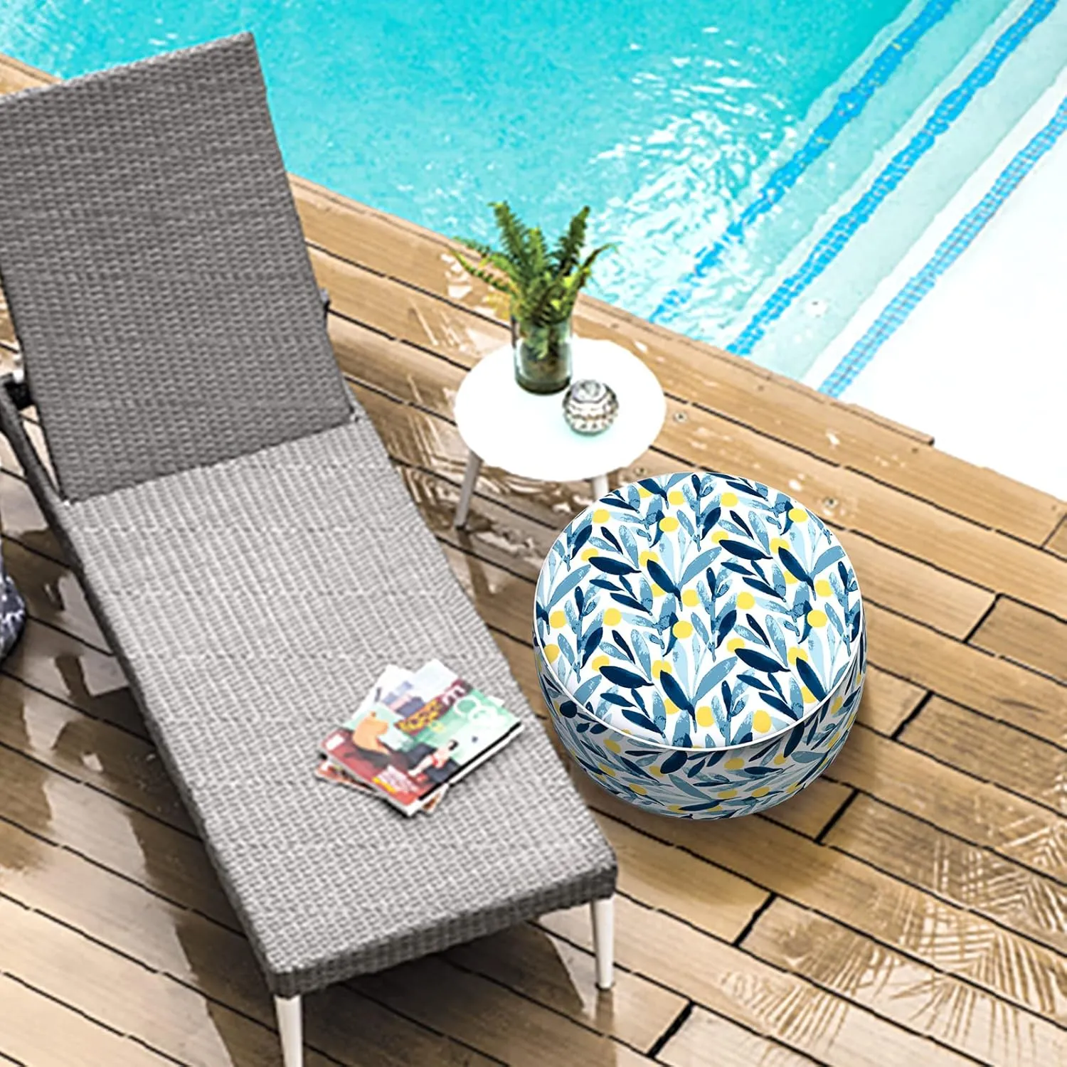 LVTXIII Outdoor/Indoor Inflatable Stool Ottoman, All Weather Patio Footrest Pouf, Portable Round Ottoman for Patio Garden, Camping or Home, D21xH9 Inches, Blue Leaves