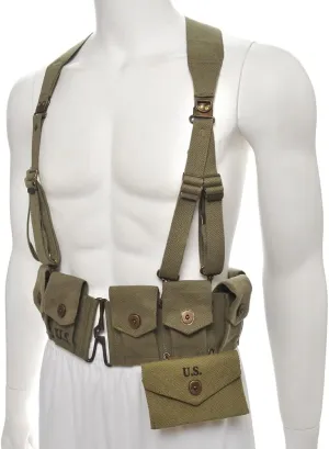 M1923 Garand Cartridge Belt, M1936 Suspenders and M1942 First Aid Pouch OD Marked JT&L 1944