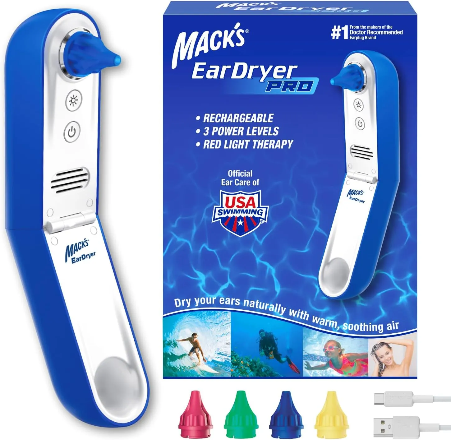 Mack's Ear Dryer PRO Rechargeable Warm Air Ear Water Remover with Red Light Therapy and 3 Power Levels for Swimmers' Ears, Showering, Water Sports, Surfing, Scuba, and Hearing Aid Use