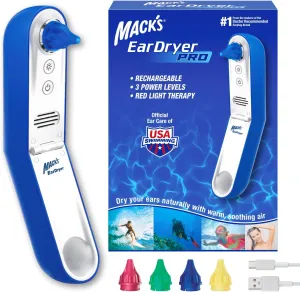 Mack's Ear Dryer PRO Rechargeable Warm Air Ear Water Remover with Red Light Therapy and 3 Power Levels for Swimmers' Ears, Showering, Water Sports, Surfing, Scuba, and Hearing Aid Use