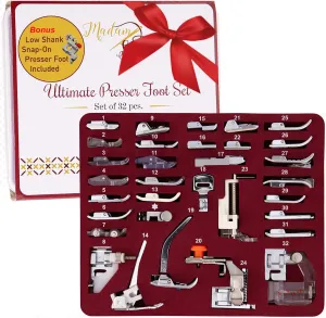 Madam Sew Presser Foot Set 32 Piece Set | The ONLY Sewing Machine Presser Foot Kit with Manual and Deluxe Storage Case | Numbered Slots for Organization | Compatible with Most Sewing Machines