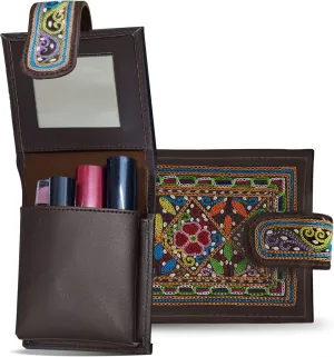Makeup Mirror Case Balochi Travel Pouch Hand Embroidery Balochi Leather Small Makeup Pouch Lipstick Case with Mirror - Travel Jewelry Case, Coin Purse Organizer Large Inner Pocket