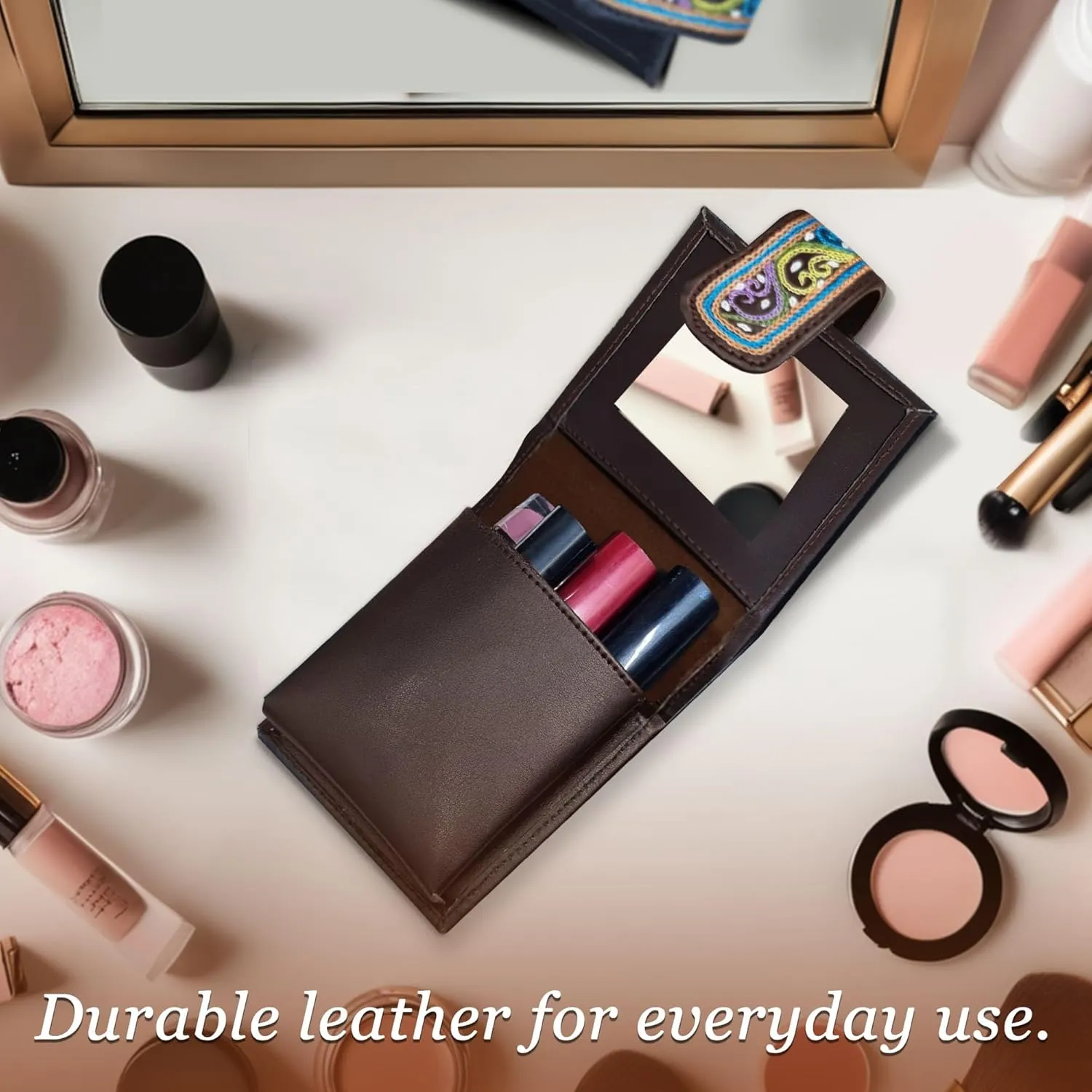 Makeup Mirror Case Balochi Travel Pouch Hand Embroidery Balochi Leather Small Makeup Pouch Lipstick Case with Mirror - Travel Jewelry Case, Coin Purse Organizer Large Inner Pocket