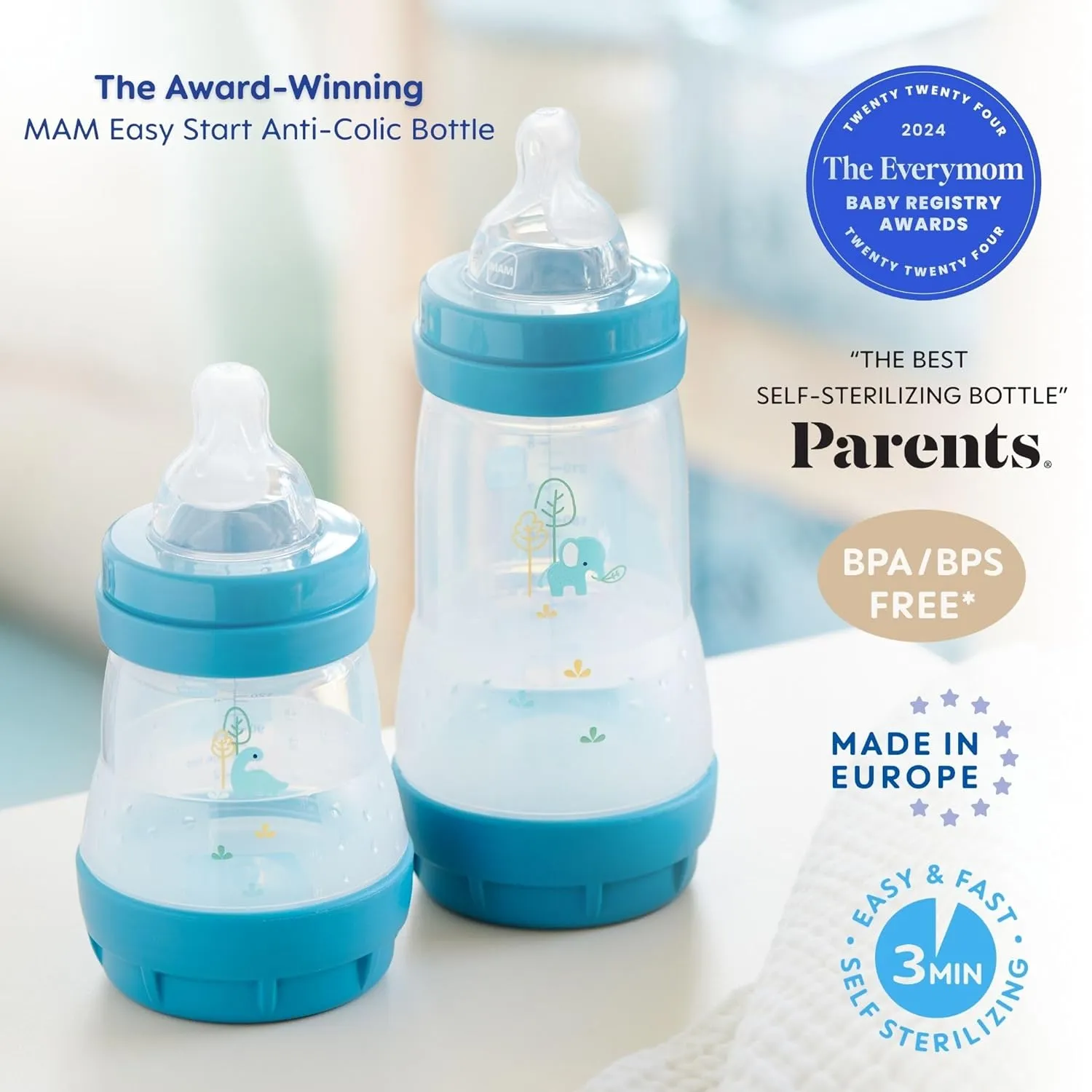 MAM 9oz Easy Start Anti-Colic Baby Bottles, Medium Flow with 2X Bonus Nipples (Fast and Extra Fast Flow), Reduces Colic, Gas, & Reflux, Easy-to-Clean, BPA-Free, 2 Plus Months
