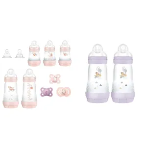 MAM Newborn Baby Essentials Gift Set with Anti-Colic Bottles, Pacifiers, Easy Start Medium Flow 9oz Bottles for Baby Girl (10 Pieces)
