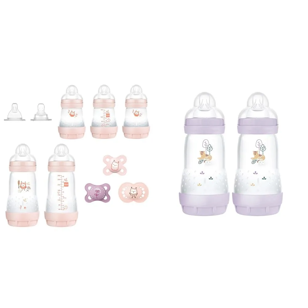 MAM Newborn Baby Essentials Gift Set with Anti-Colic Bottles, Pacifiers, Easy Start Medium Flow 9oz Bottles for Baby Girl (10 Pieces)