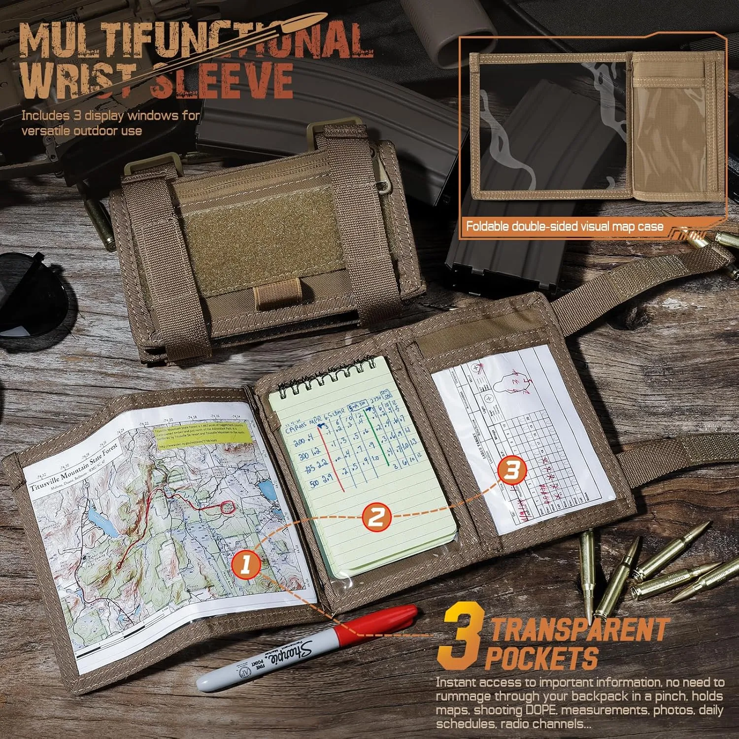 Map Case Tactical Arm Sleeve QB Wristband Map Pouch Tactical Armband Sleeve Military Arm Wrist Pouch Document DOPE Card Holder for Shooting Rescue Field Measurement, Include Flag Patch