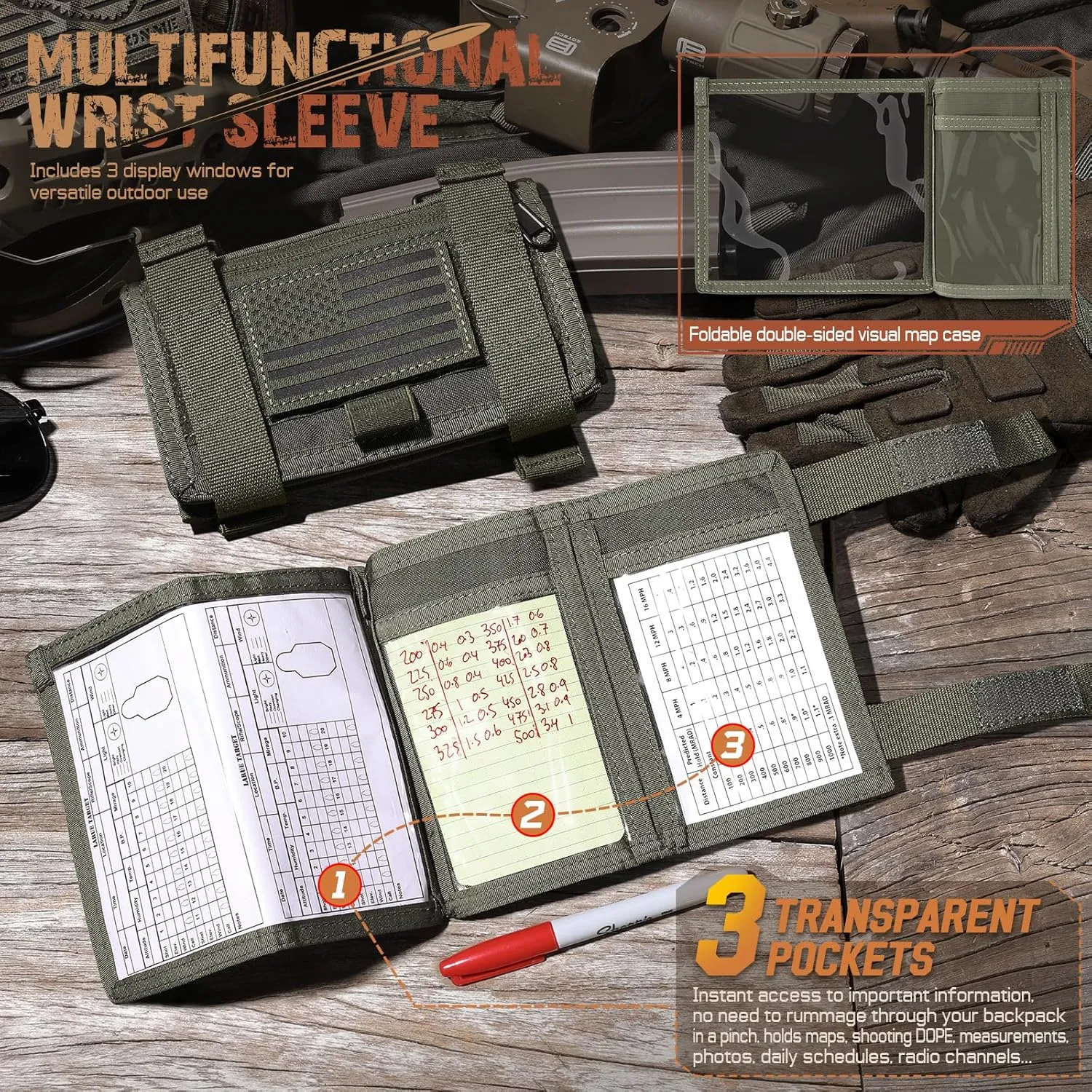 Map Case Tactical Arm Sleeve QB Wristband Map Pouch Tactical Armband Sleeve Military Arm Wrist Pouch Document DOPE Card Holder for Shooting Rescue Field Measurement, Include Flag Patch