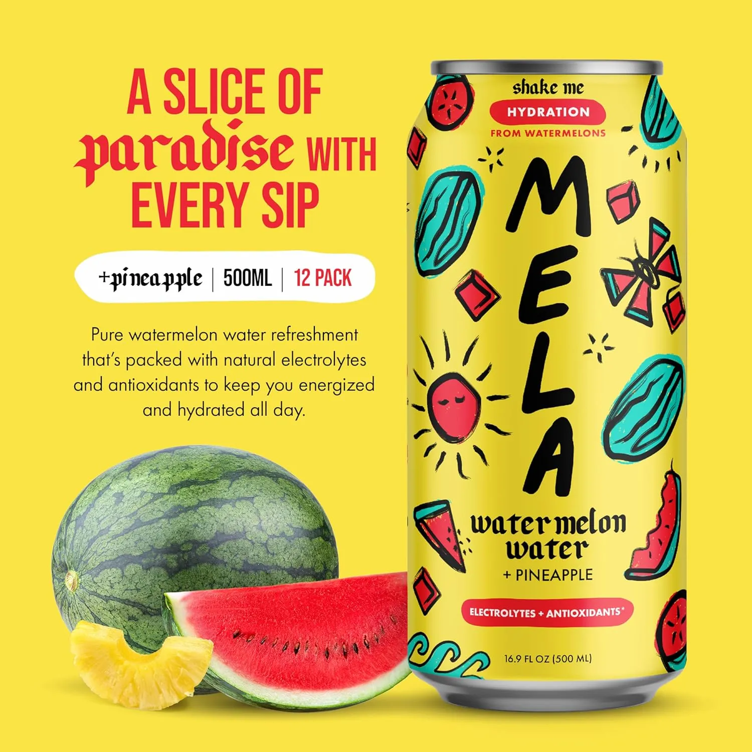 Mela Watermelon Water – Hydrating Juice Drink w/Vitamin C, Electrolytes & Antioxidants – Non-GMO, Gluten-Free, Real Fruit Juice (Pineapple, 16.9 fl oz, 12-Pack)