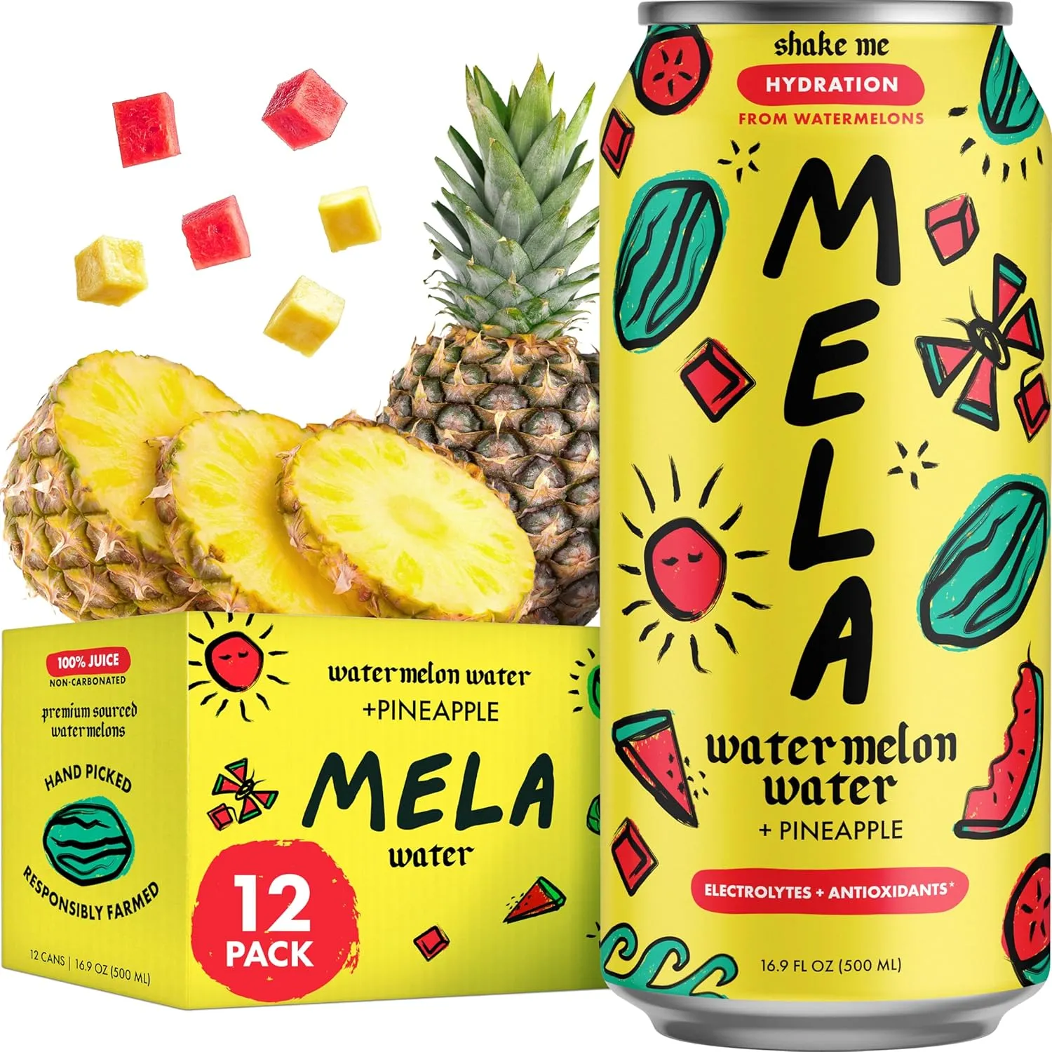 Mela Watermelon Water – Hydrating Juice Drink w/Vitamin C, Electrolytes & Antioxidants – Non-GMO, Gluten-Free, Real Fruit Juice (Pineapple, 16.9 fl oz, 12-Pack)