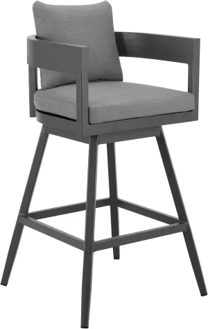 Menorca Outdoor Patio Swivel Counter Stool in Aluminum with Gray Cushions