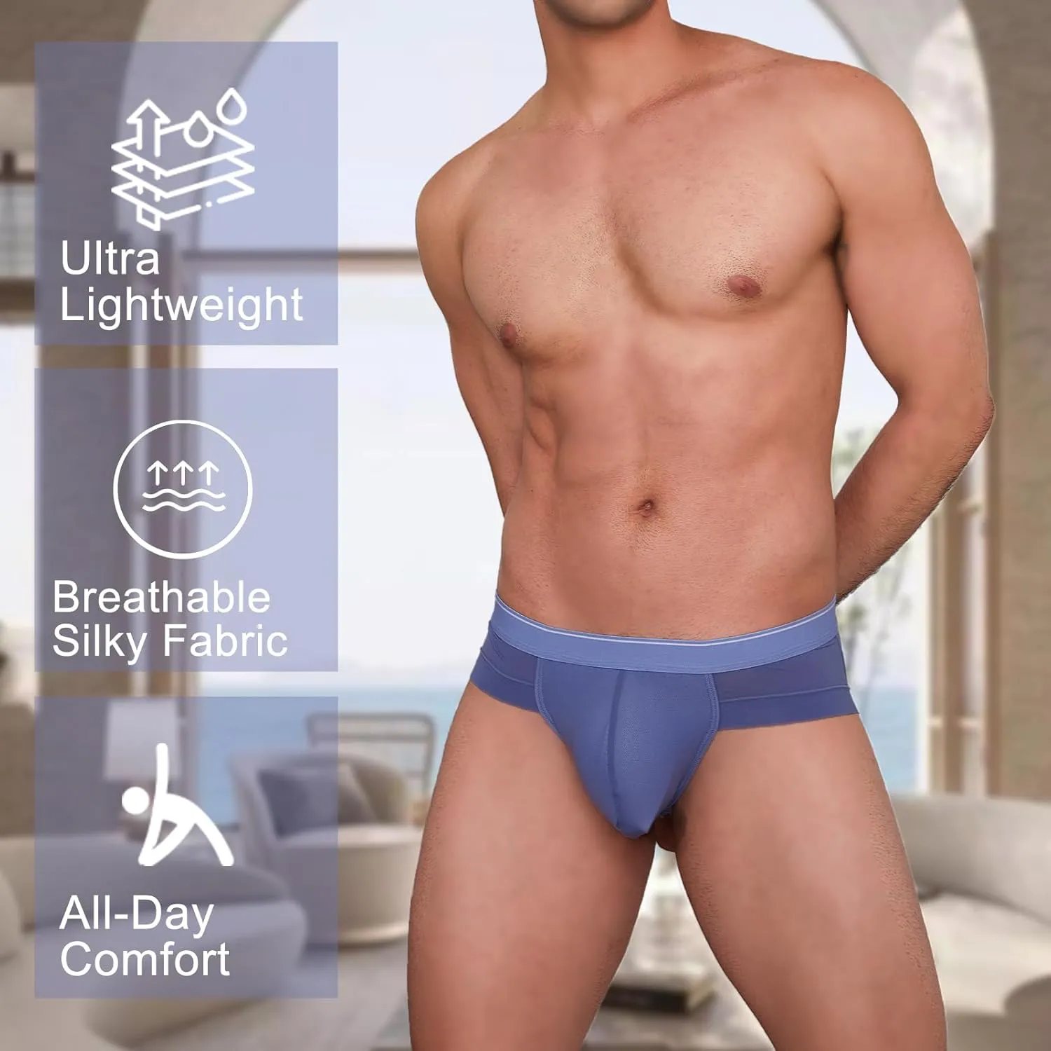 Men's Briefs Underwear Silky Bikinis Thongs No Fly Pouch Moisture-Wicking Underpants for Men Multi pack