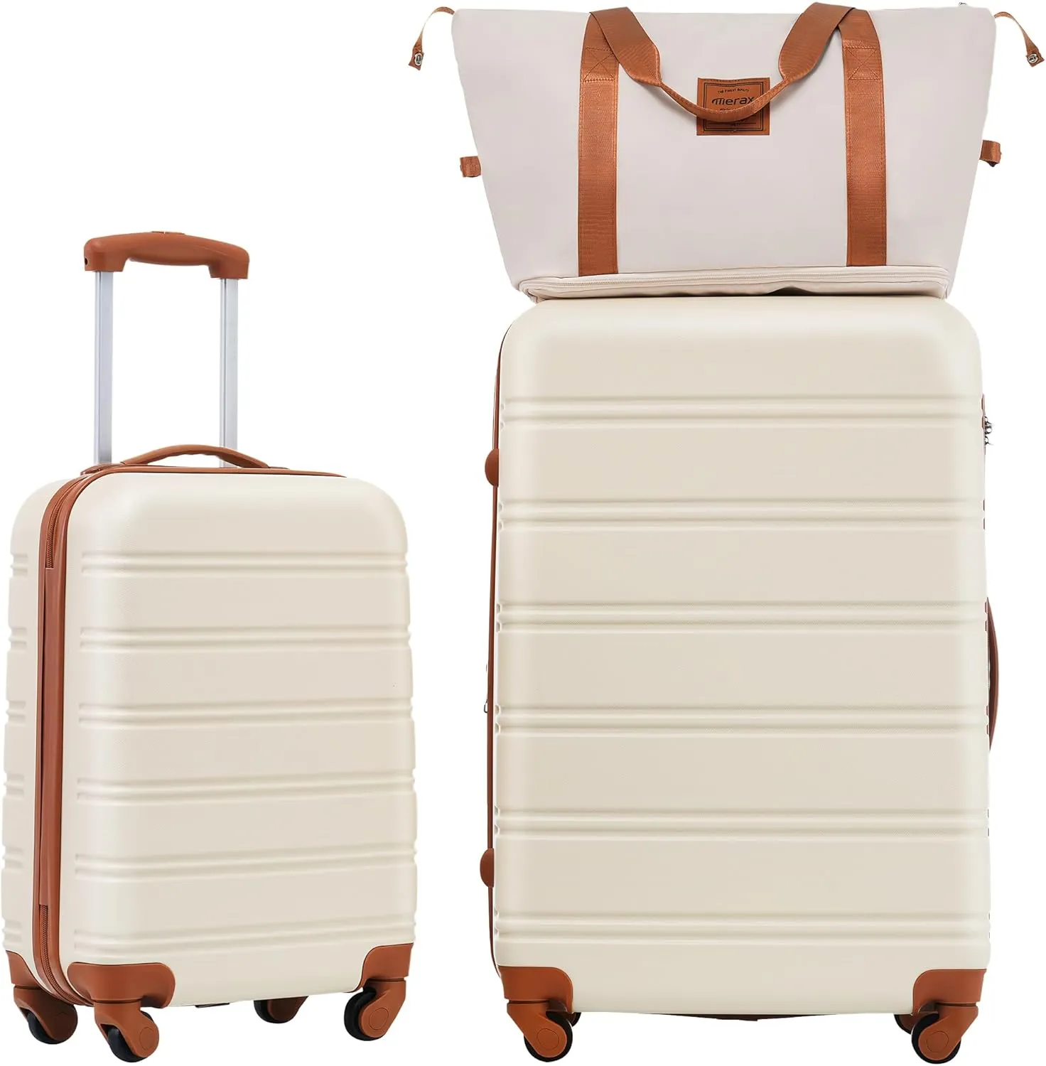 Merax 2 Piece Hardshell Luggage Set, 20” 28” Lightweight Suitcase with TSA Lock and a Travel Bag, Expandable Luggage with Spinner Wheels, Brown White