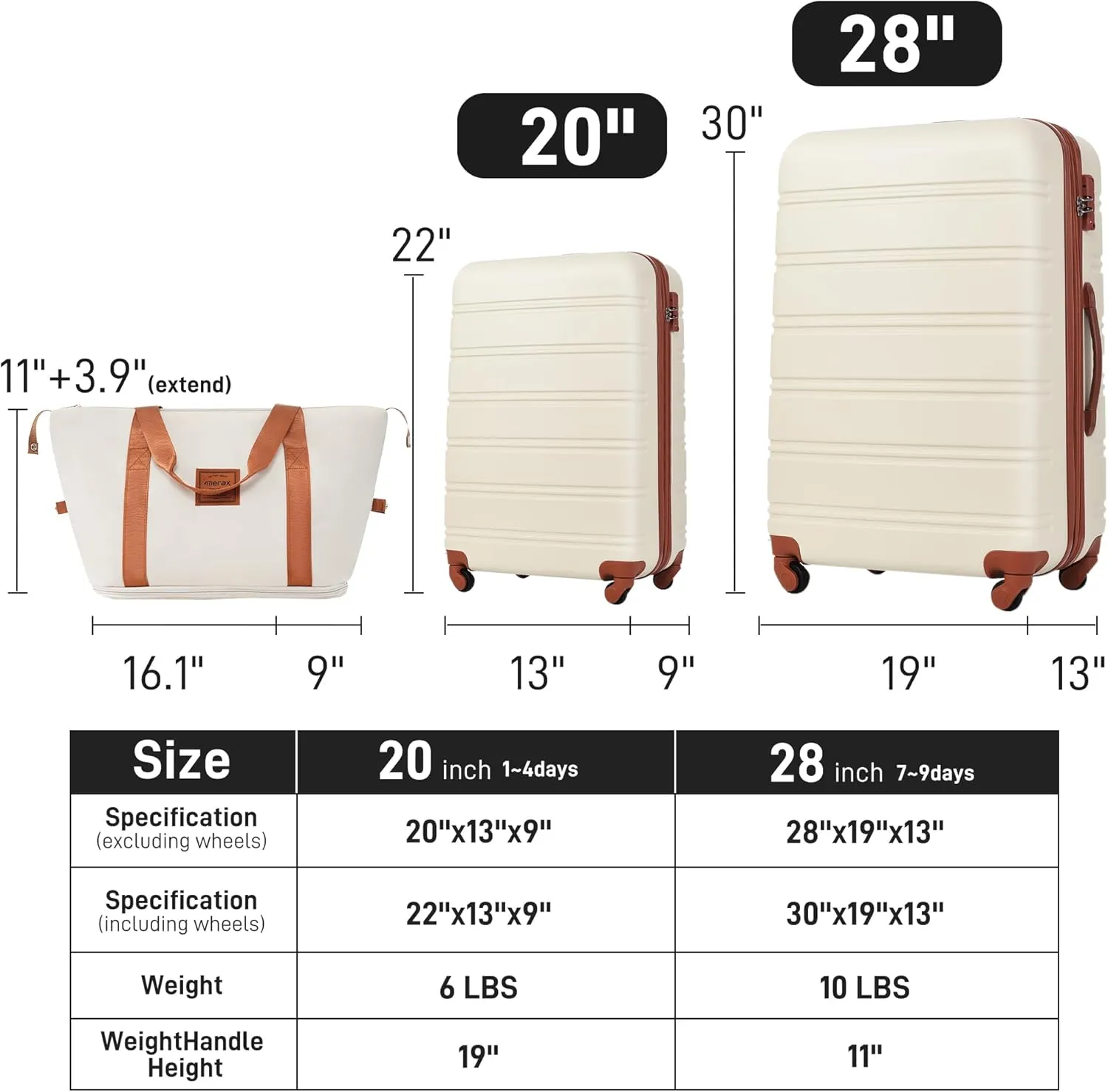 Merax 2 Piece Hardshell Luggage Set, 20” 28” Lightweight Suitcase with TSA Lock and a Travel Bag, Expandable Luggage with Spinner Wheels, Brown White