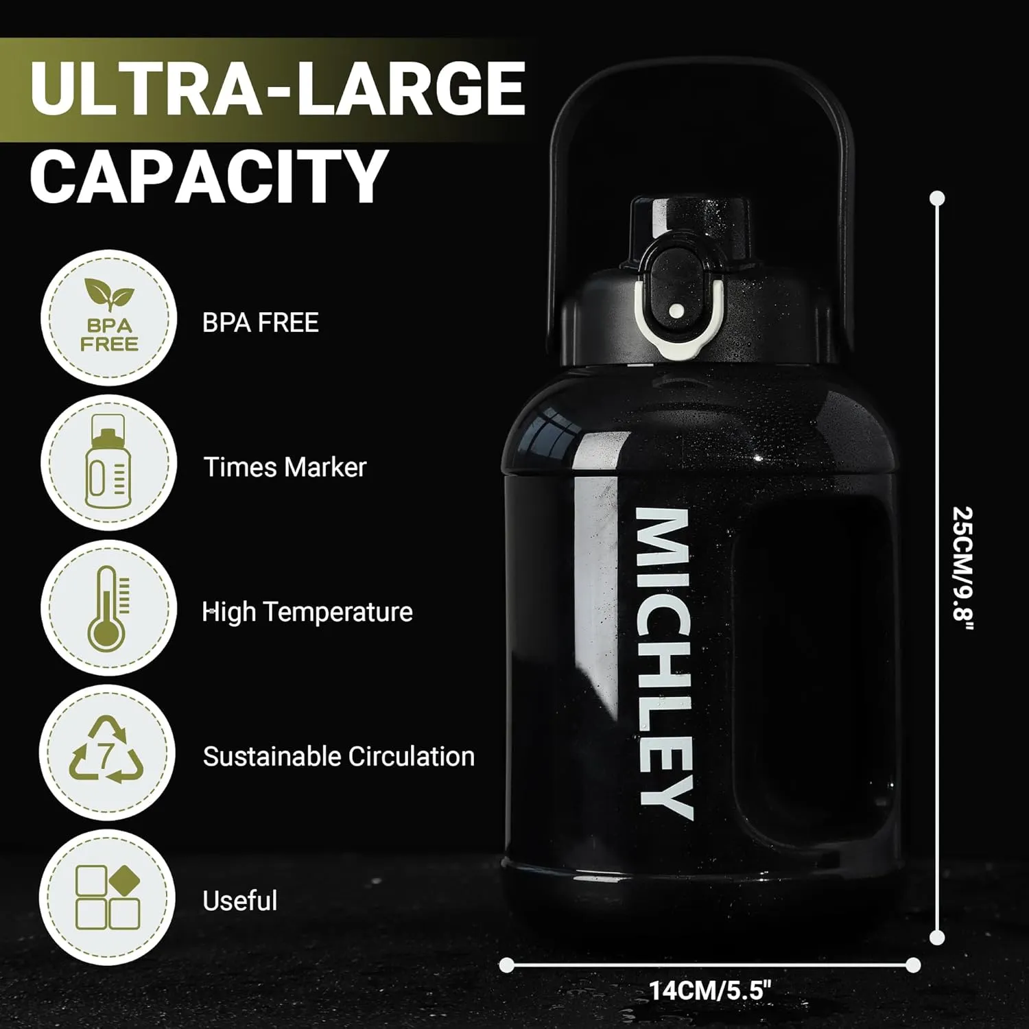 MICHLEY Half Gallon Water Bottle with Straw,Times Marker 64oz Water Bottles Motivational Water Jug Large Size Sports Drinking Cup for Travel Gym Cycling (Black)