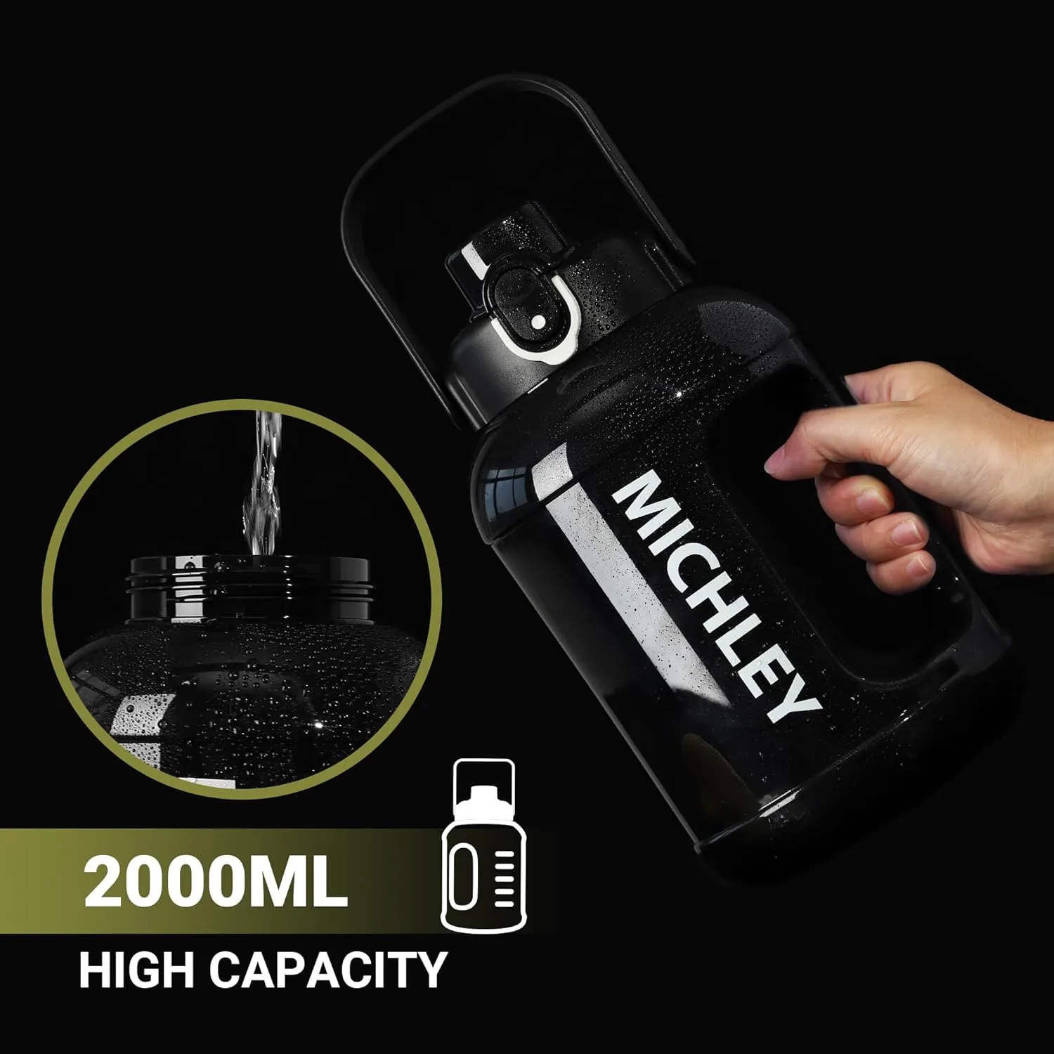 MICHLEY Half Gallon Water Bottle with Straw,Times Marker 64oz Water Bottles Motivational Water Jug Large Size Sports Drinking Cup for Travel Gym Cycling (Black)