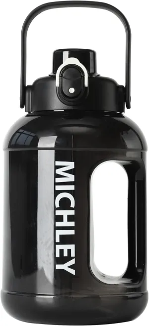 MICHLEY Half Gallon Water Bottle with Straw,Times Marker 64oz Water Bottles Motivational Water Jug Large Size Sports Drinking Cup for Travel Gym Cycling (Black)