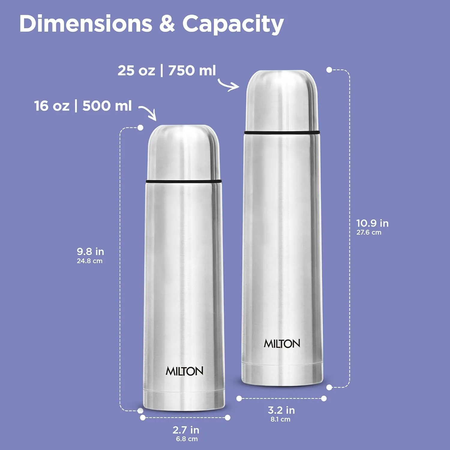 Milton Combo Vacuum Flask for Hot Drink (25 oz & 16 oz), Stainless Steel Double Walled Insulated Water Bottle for 24 Hour Hot and Cold drinks with cover, Thermosteel Flip Lid 750 and 500 ml