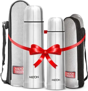 Milton Combo Vacuum Flask for Hot Drink (25 oz & 16 oz), Stainless Steel Double Walled Insulated Water Bottle for 24 Hour Hot and Cold drinks with cover, Thermosteel Flip Lid 750 and 500 ml