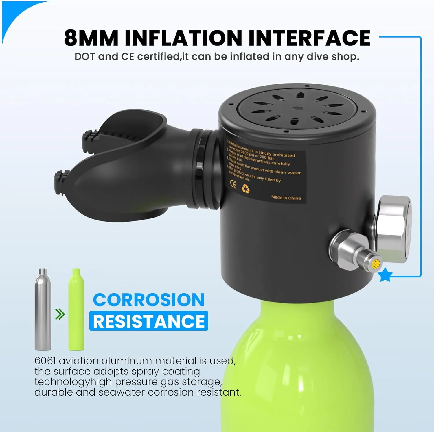 Mini Scuba Tank 0.5L Capacity Inflatable Diving Tank DOT Certified Up to Support 10 Minutes of Underwater Breathing Portable Scuba Tank up to 33feet for Underwater Work/Underwater Recreation