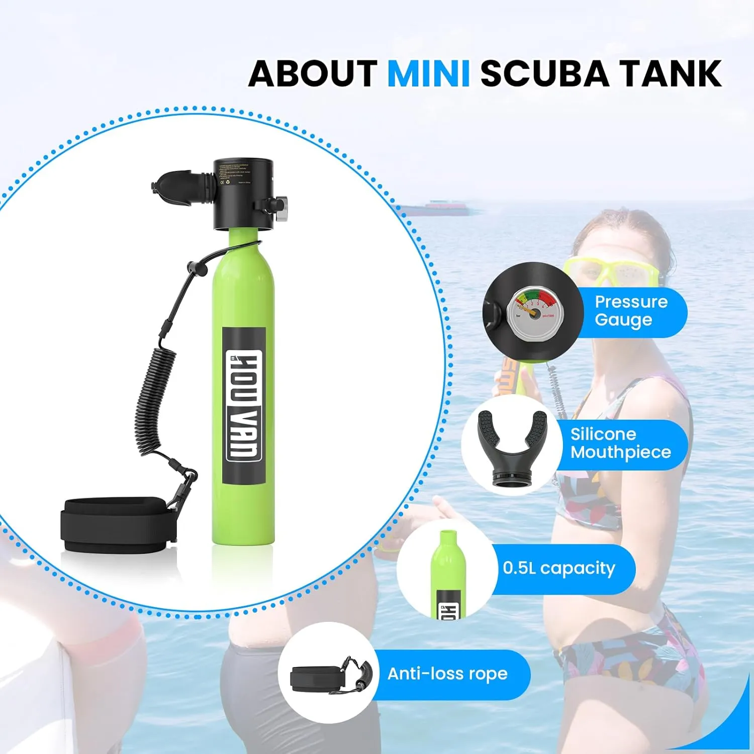 Mini Scuba Tank 0.5L Capacity Inflatable Diving Tank DOT Certified Up to Support 10 Minutes of Underwater Breathing Portable Scuba Tank up to 33feet for Underwater Work/Underwater Recreation