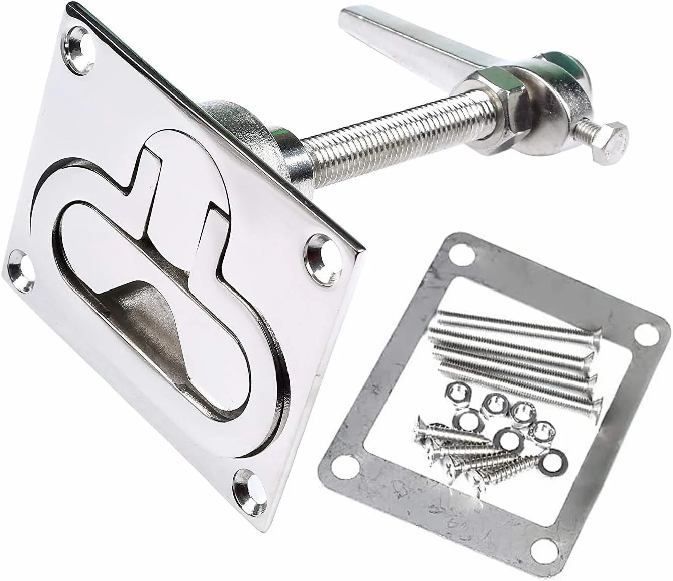 MIZUGIWA Stainless Steel Large Flush Hatch Latch Turning Lock Lift Handle Heavy Duty Marine Grade W/Back Plate Fasteners