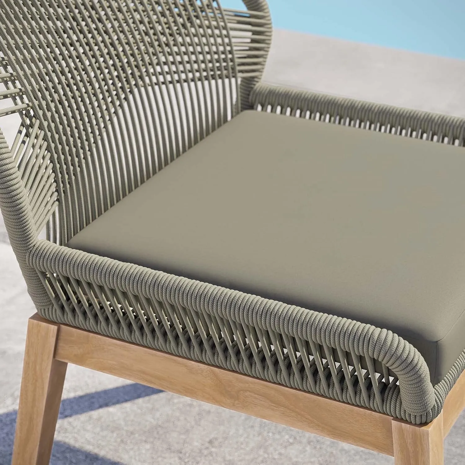 Modway Wellspring Outdoor Patio Teak and Woven Rope Dining Chair in Light Gray Greige