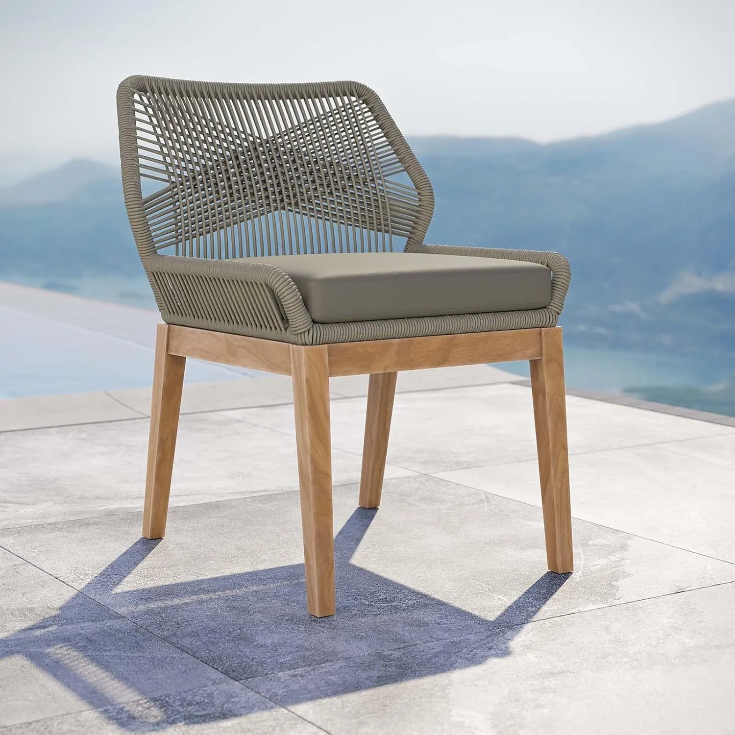 Modway Wellspring Outdoor Patio Teak and Woven Rope Dining Chair in Light Gray Greige