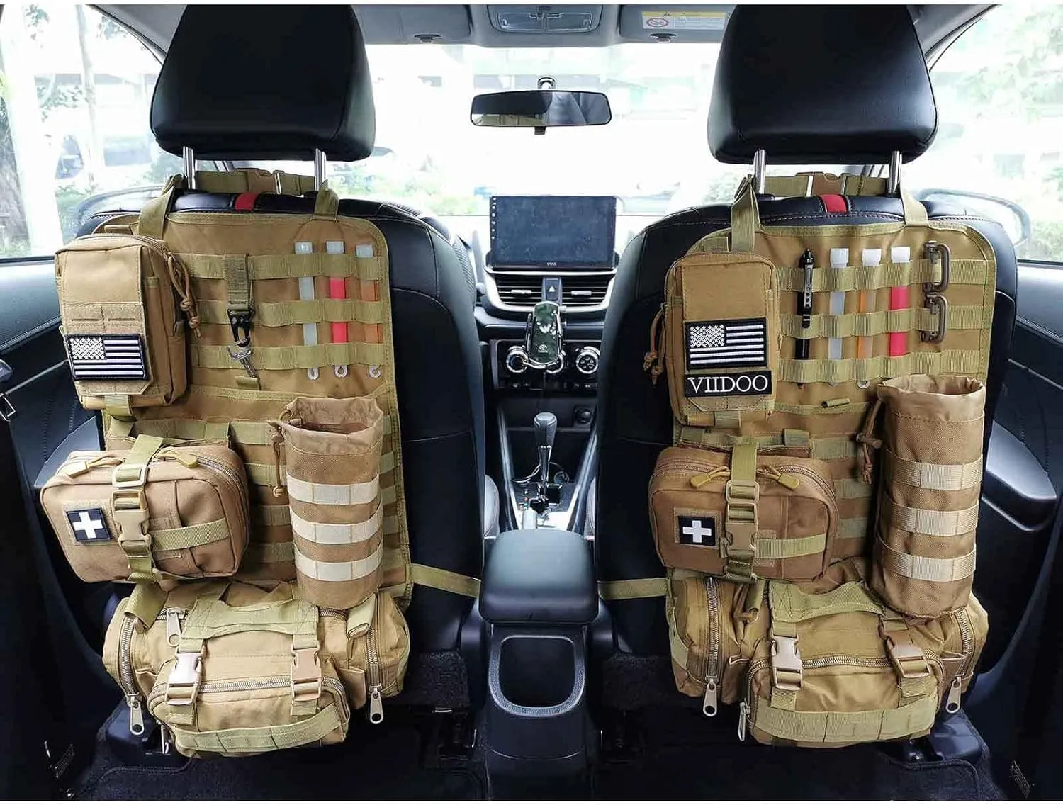 Molle Tactical Seat Back Organizer Panel with Pouches, Universal Fit For Vehicle Car, Khaki