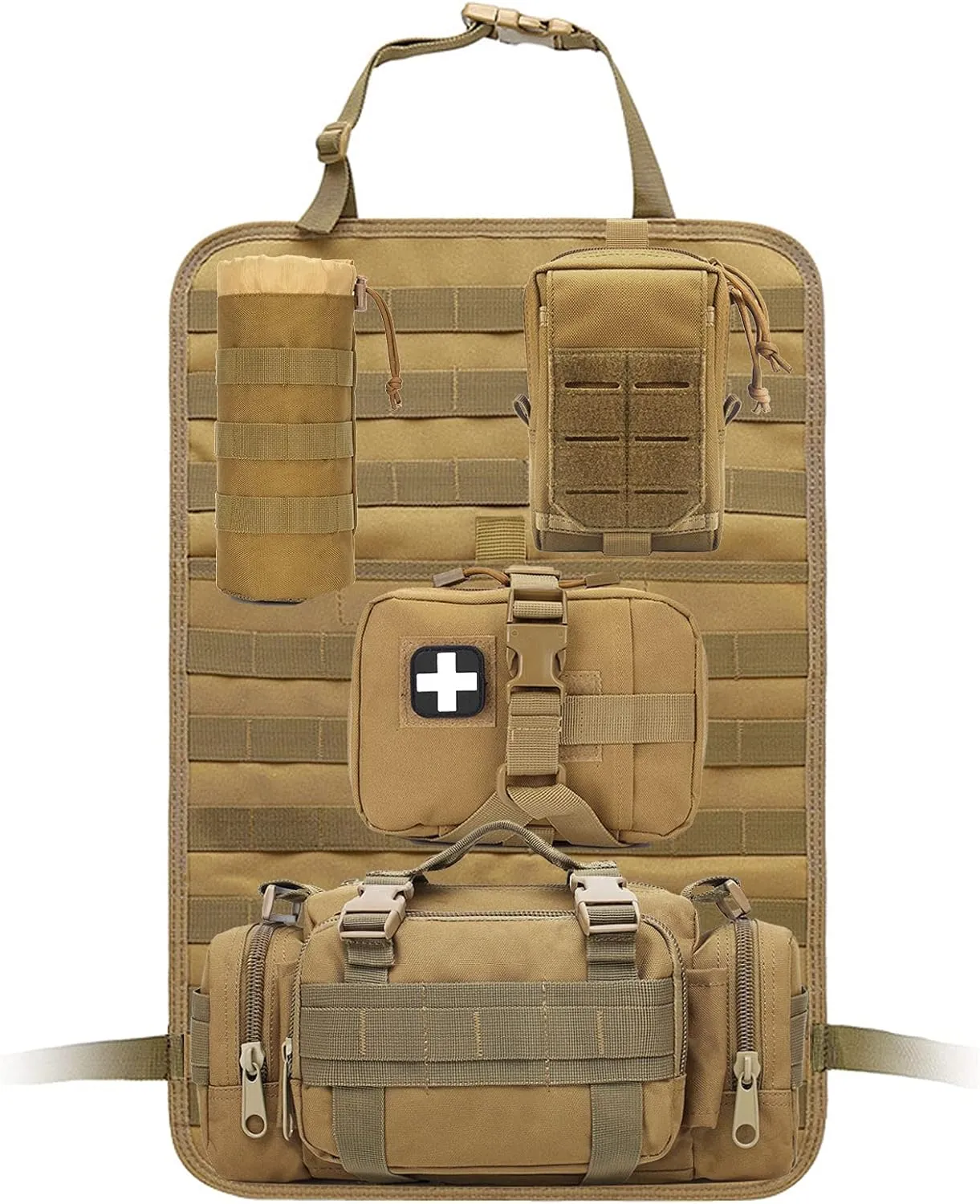 Molle Tactical Seat Back Organizer Panel with Pouches, Universal Fit For Vehicle Car, Khaki