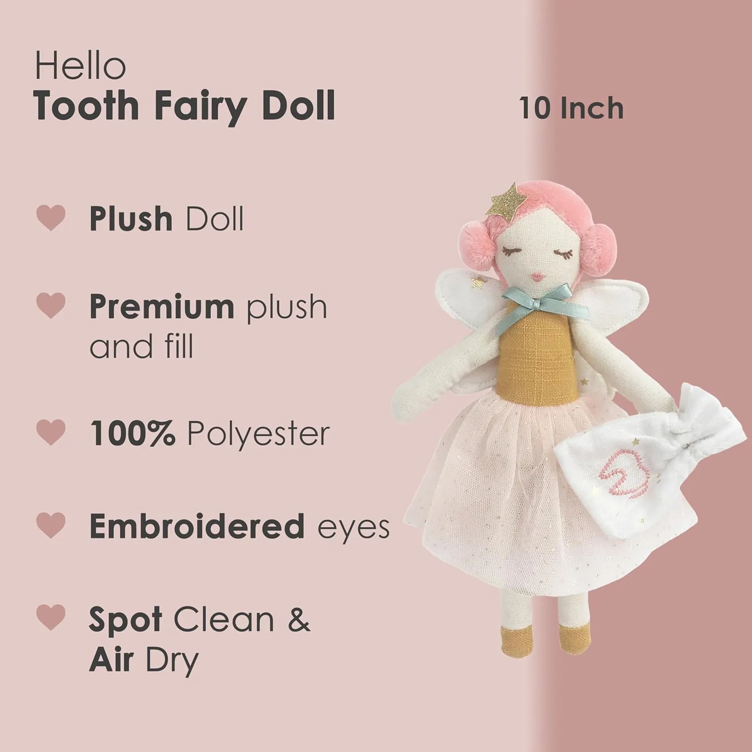MON AMI Tooth Fairy Doll with Tooth Bag – 10”, Plush Doll for First Loose Tooth for Boys & Girls