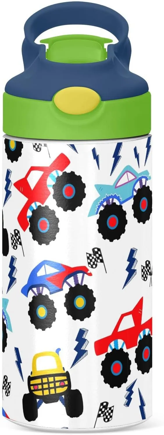 Monster Truck Kids Water Bottle with Straw and Carry Handle Racing Car Cool Vacuum Insulated Stainless Steel Bottles Leak-Proof for Boys Girls Toddler 12 oz Green Lid